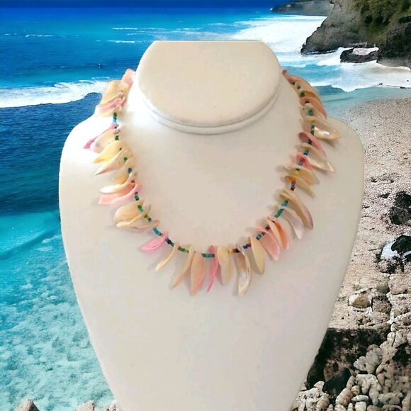 Vtg 80s Pastel Shell Necklace Chunky Mother Of Pearl Seashell Beach Coastal. - Picture 15 of 16